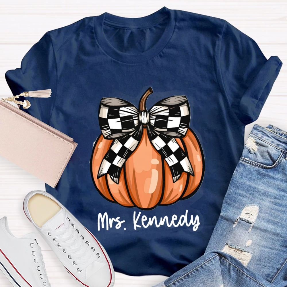 Personalized Name Halloween Pumpkin Striped Bow T-shirt