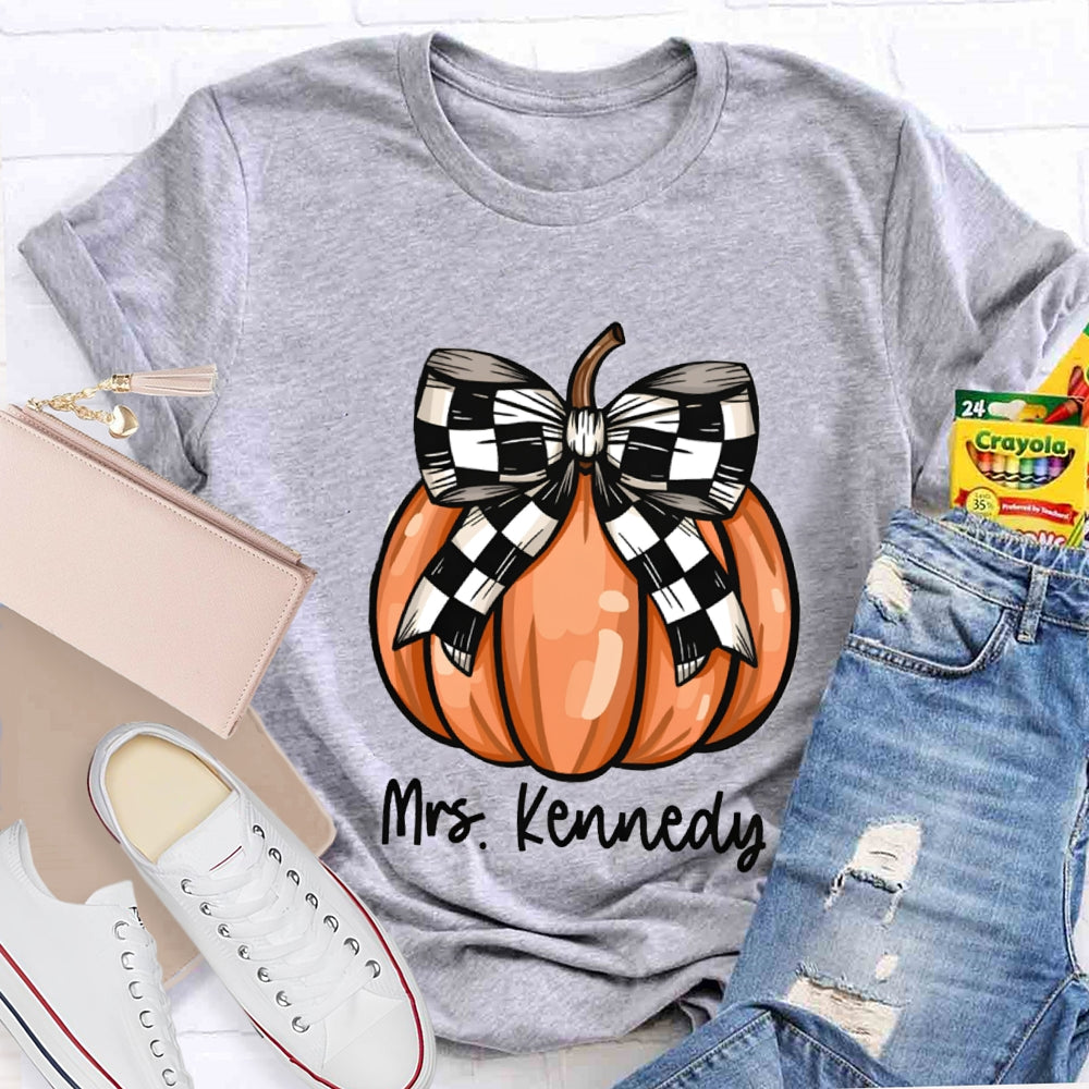 Personalized Name Halloween Pumpkin Striped Bow T-shirt
