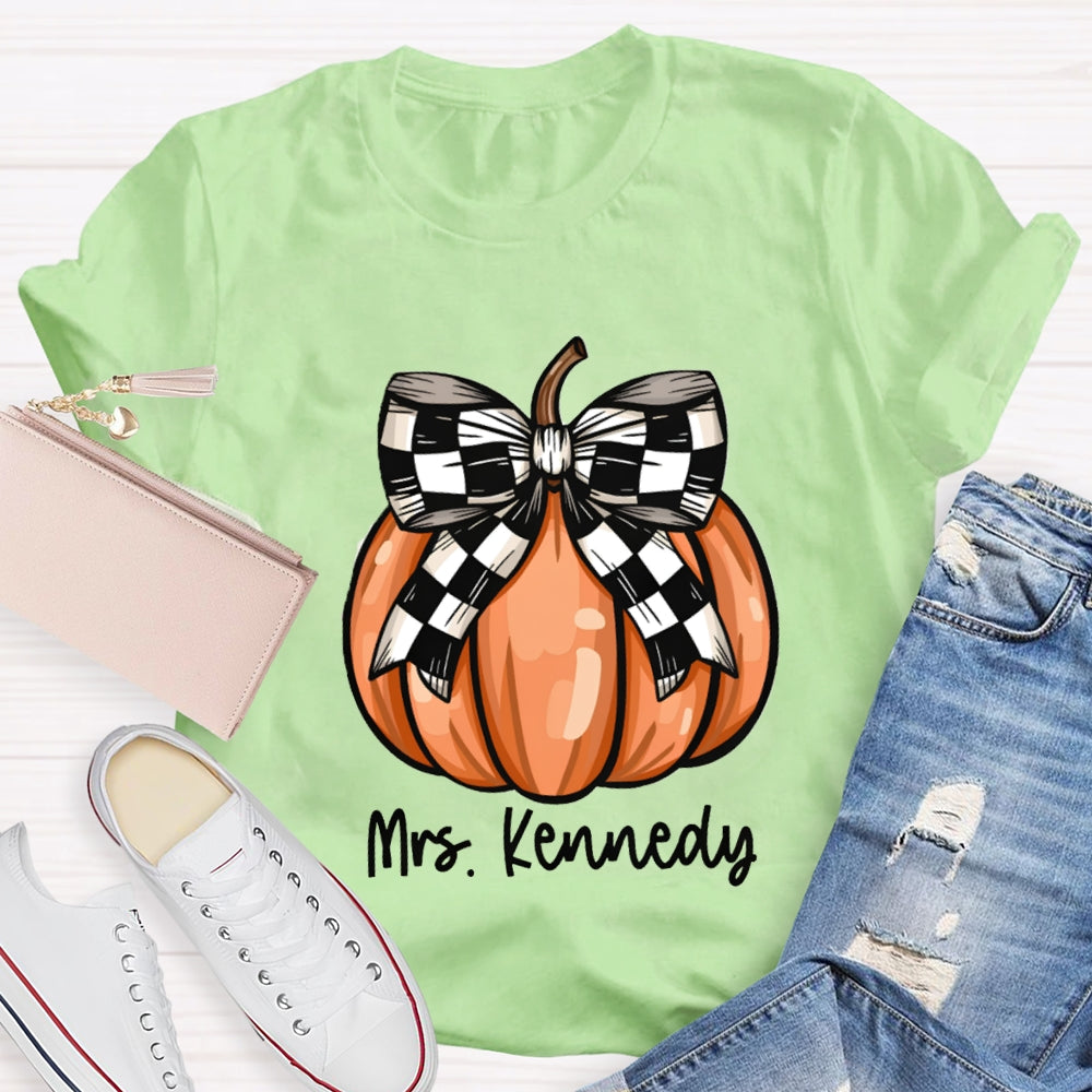 Personalized Name Halloween Pumpkin Striped Bow T-shirt