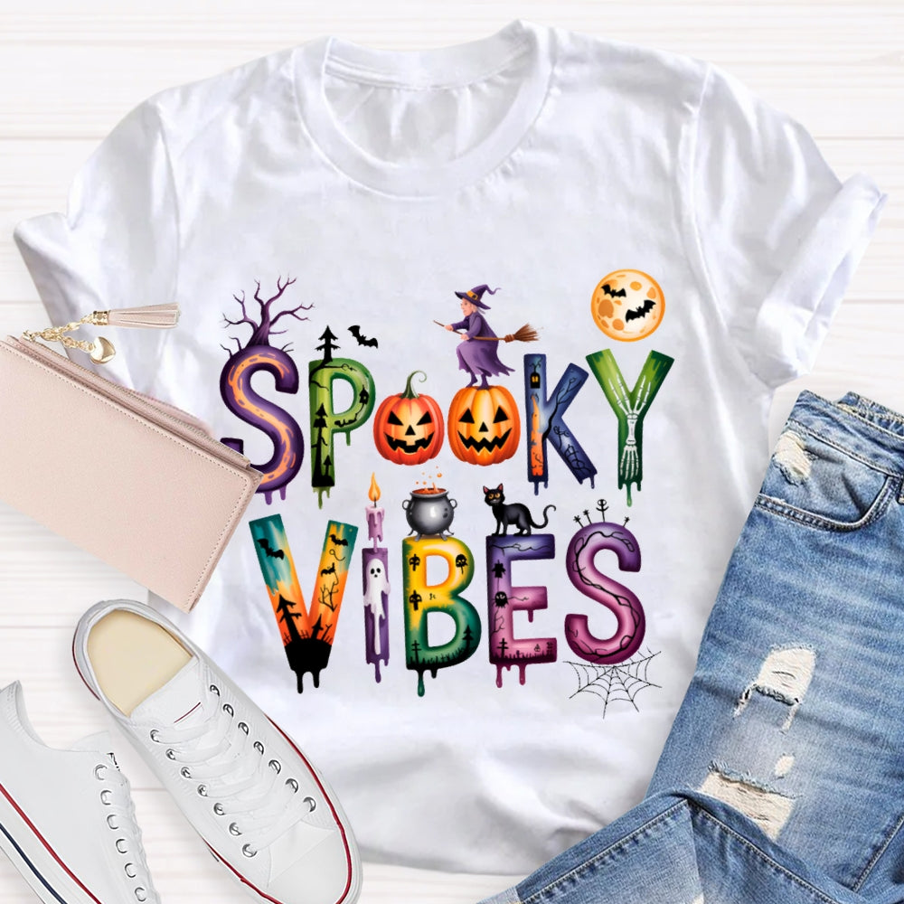 Spooky Vibes Pumpkin And Halloween Font T-shirt