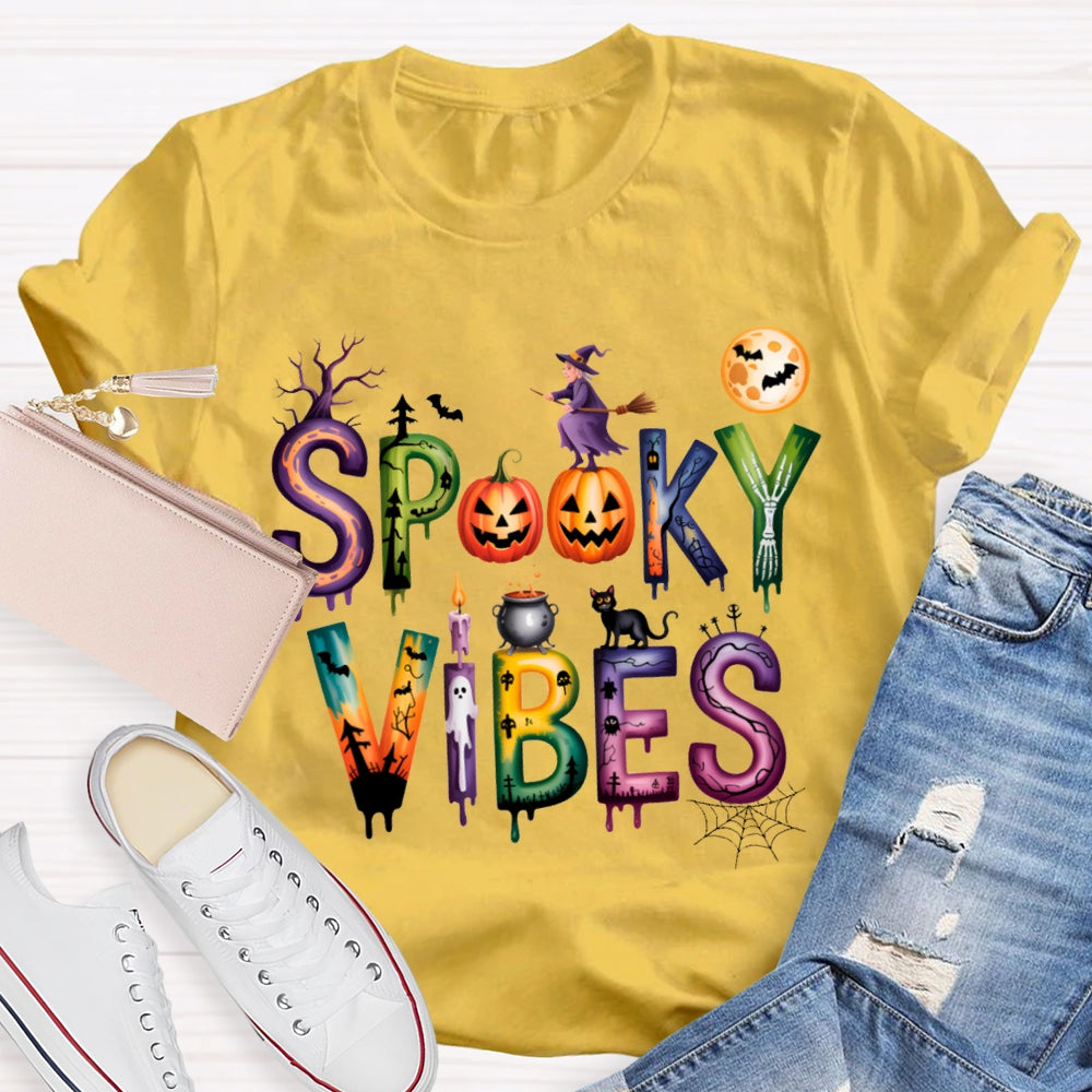 Spooky Vibes Pumpkin And Halloween Font T-shirt