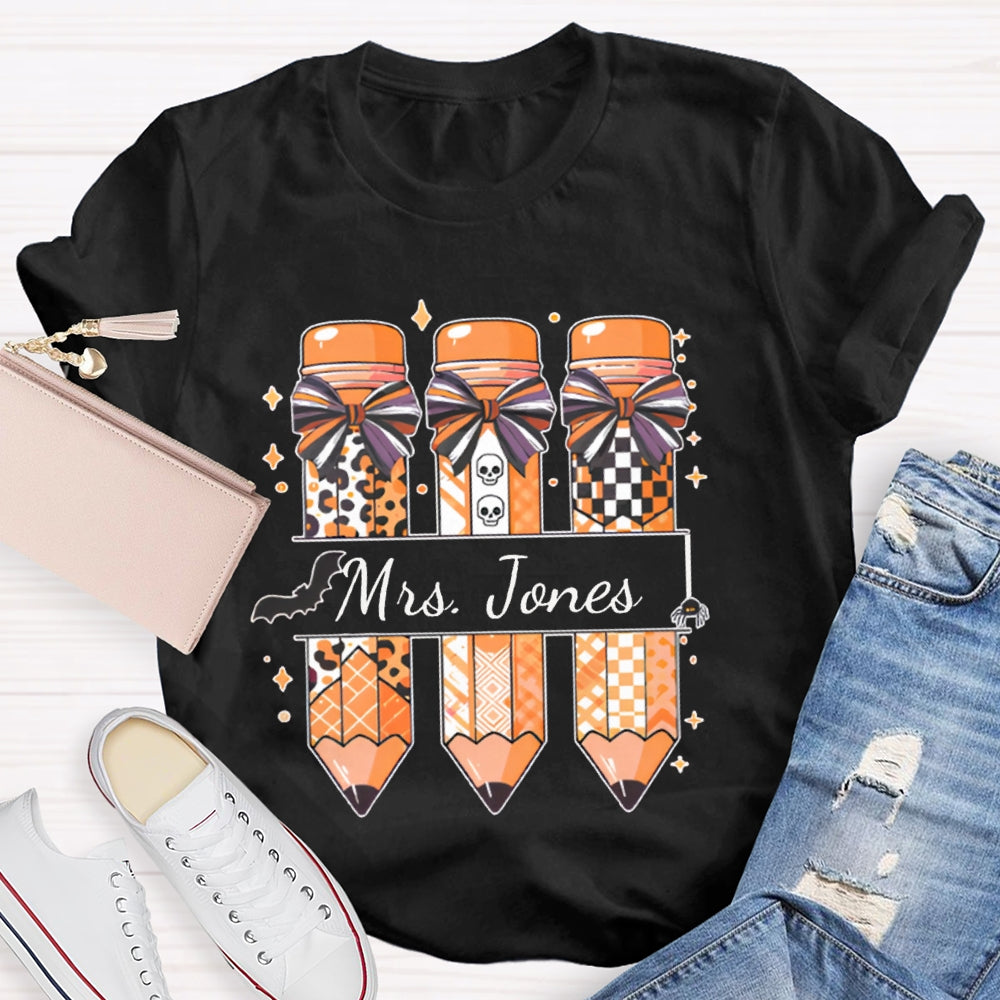 Personalized Name Bow Leopard Print Pencil Halloween T-shirt