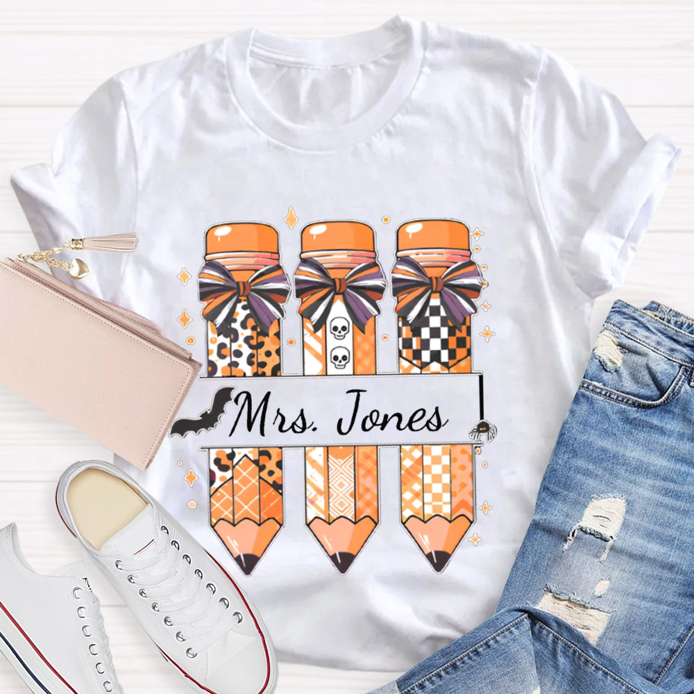 Personalized Name Bow Leopard Print Pencil Halloween T-shirt