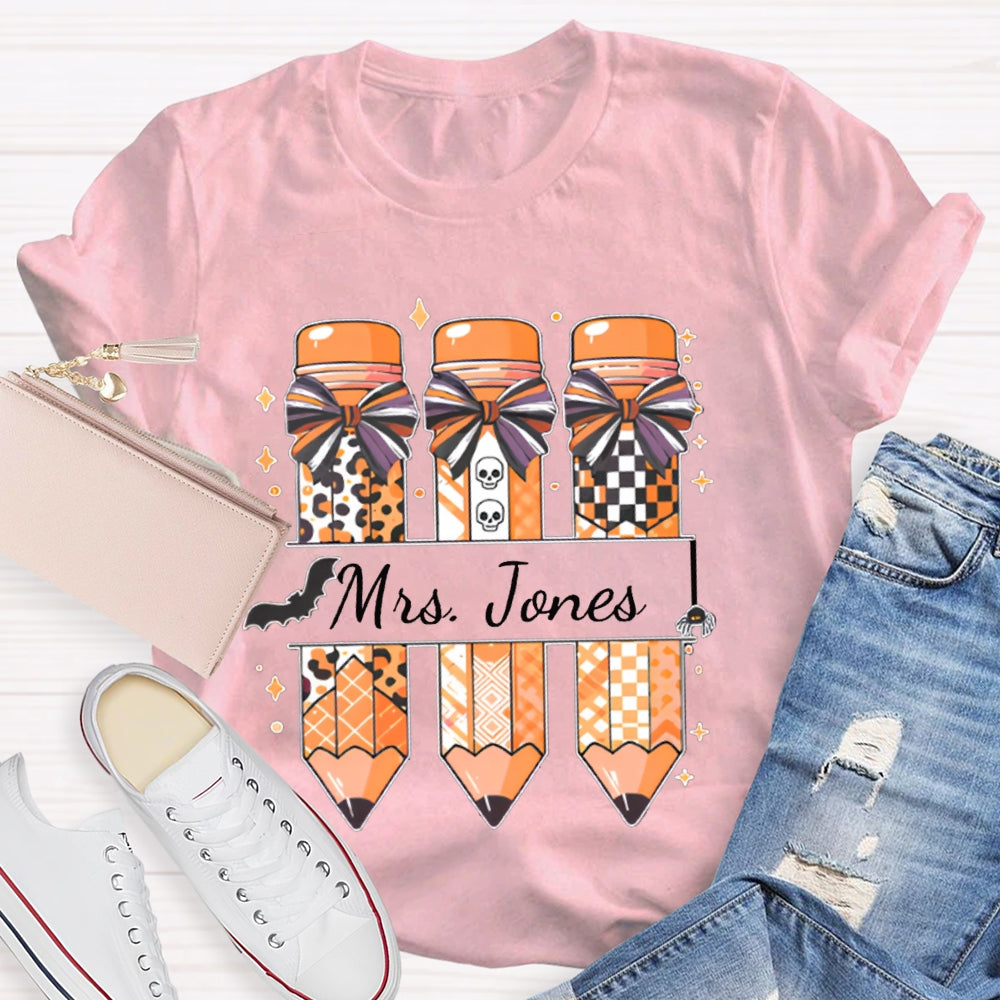 Personalized Name Bow Leopard Print Pencil Halloween T-shirt