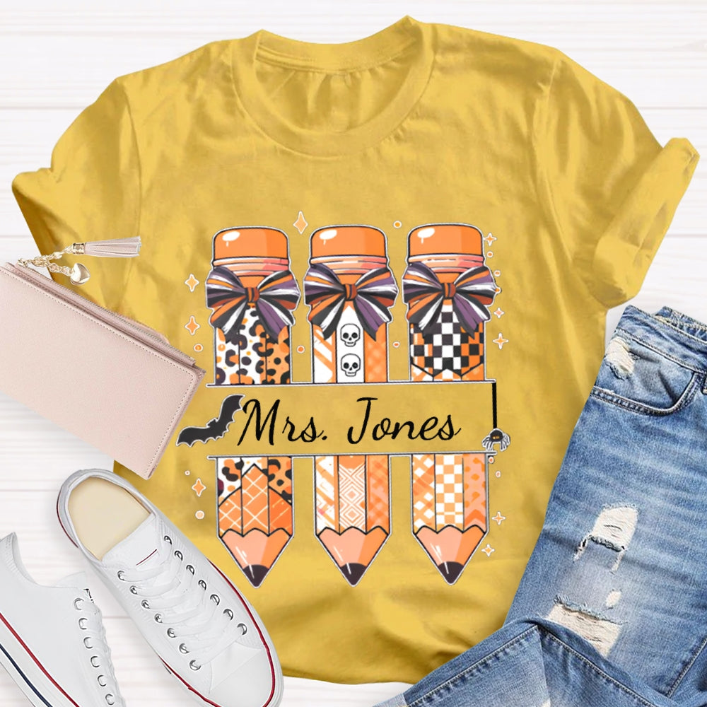 Personalized Name Bow Leopard Print Pencil Halloween T-shirt