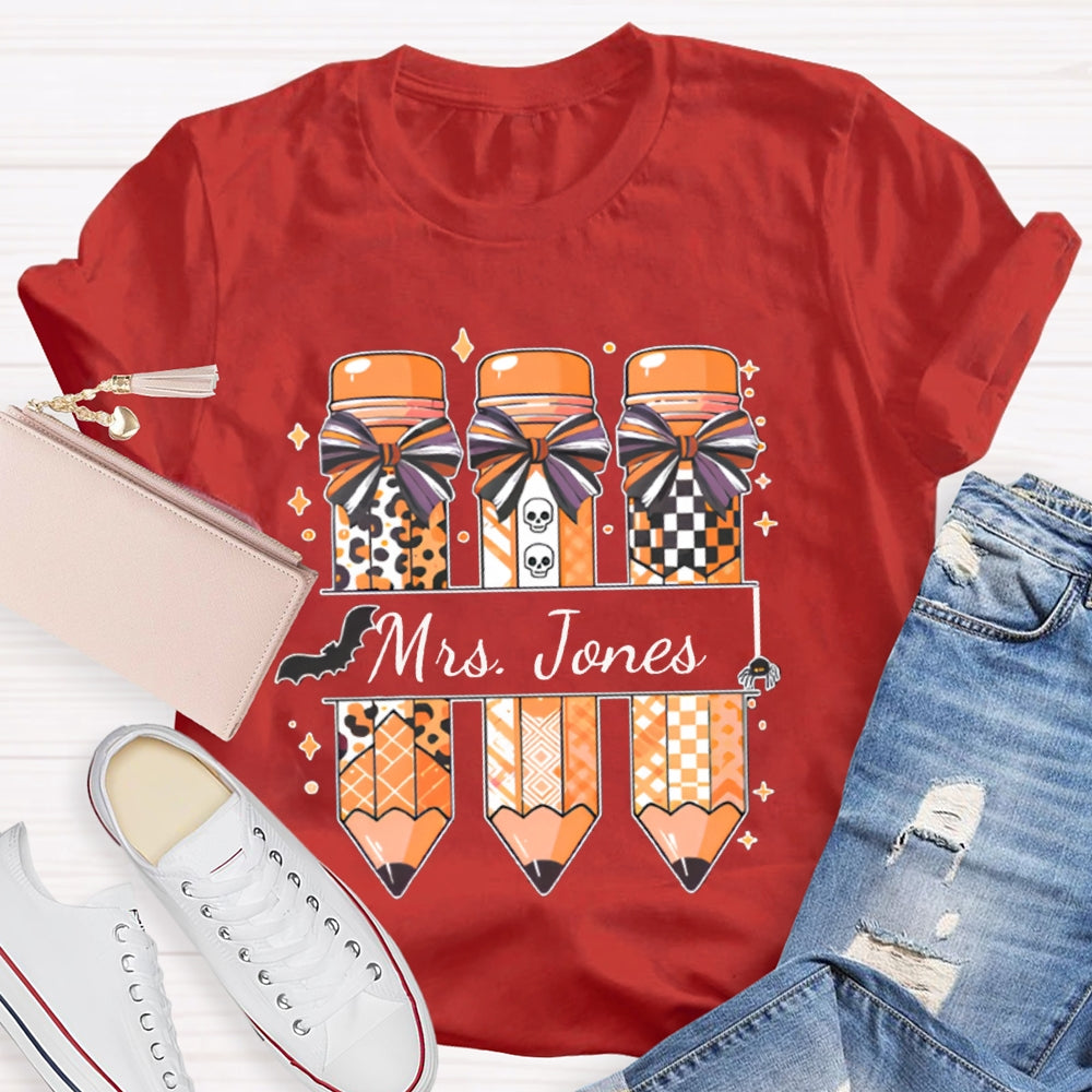 Personalized Name Bow Leopard Print Pencil Halloween T-shirt