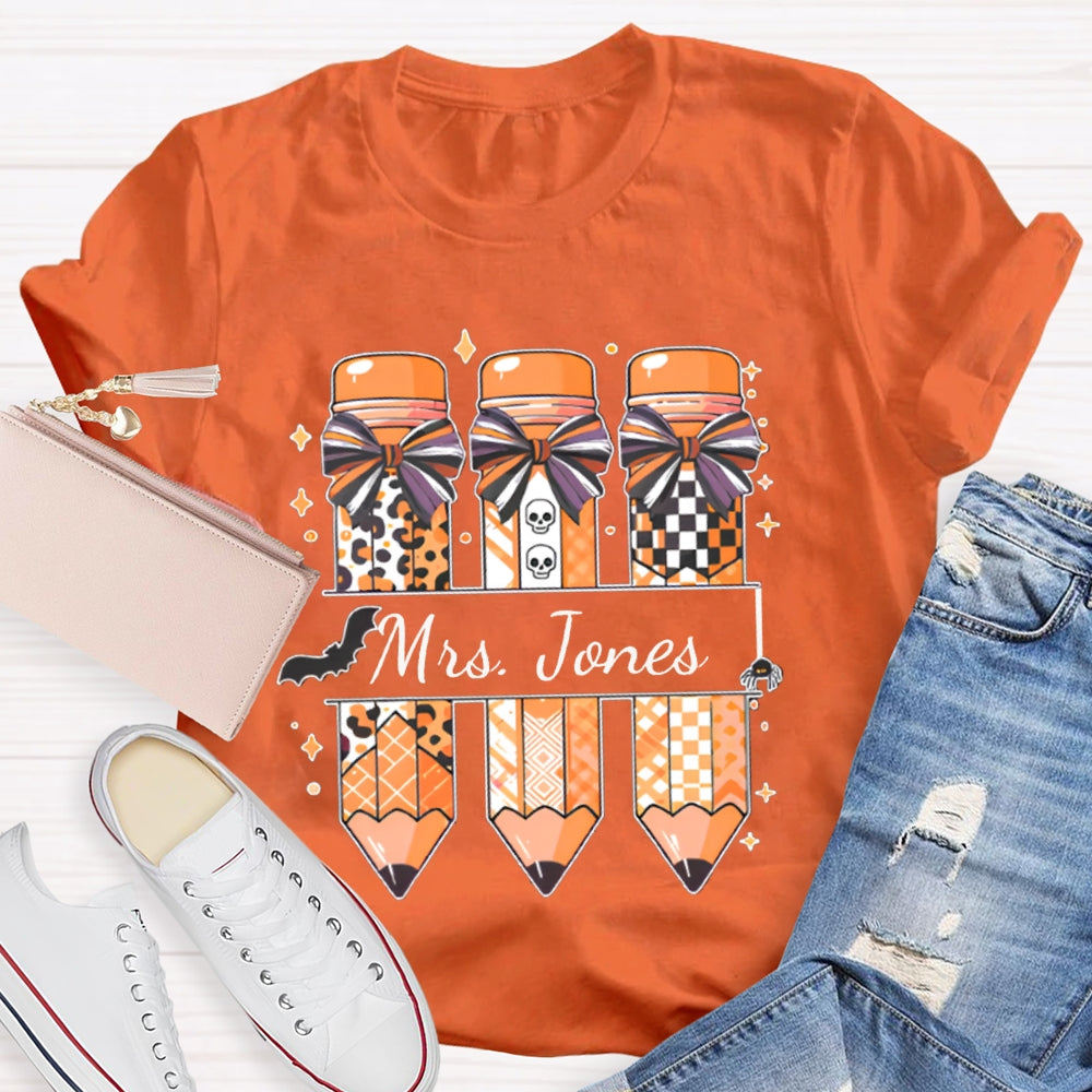 Personalized Name Bow Leopard Print Pencil Halloween T-shirt