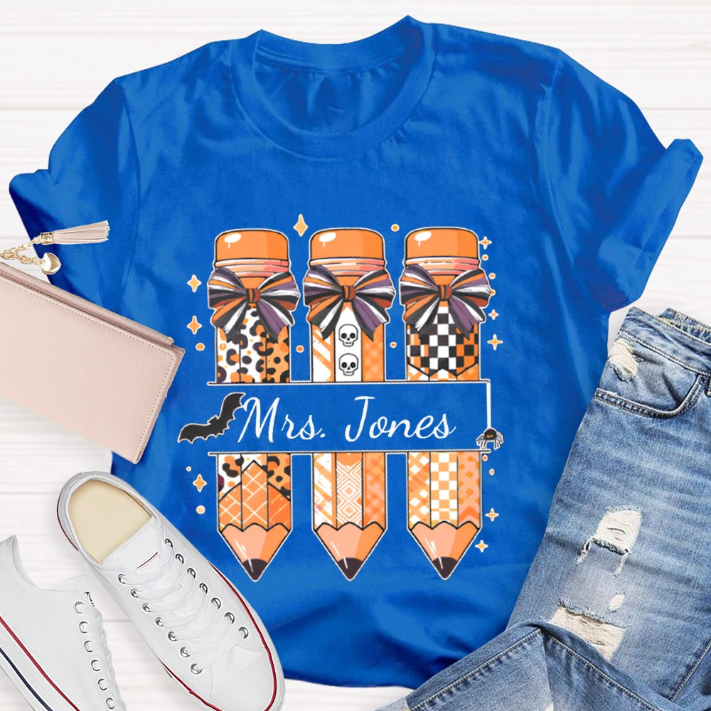 Personalized Name Bow Leopard Print Pencil Halloween T-shirt