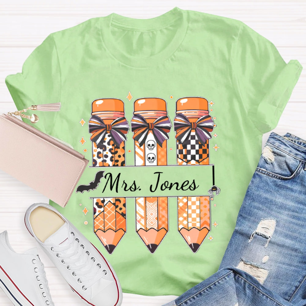 Personalized Name Bow Leopard Print Pencil Halloween T-shirt