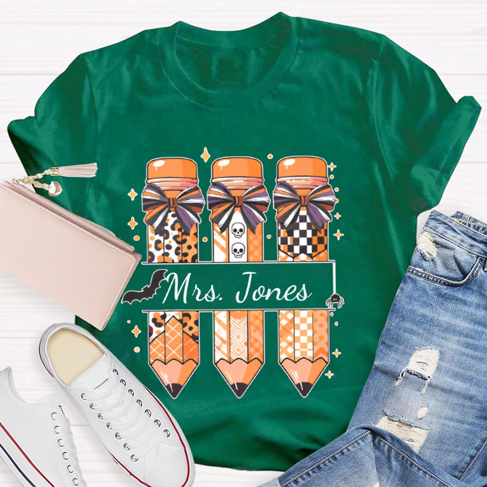 Personalized Name Bow Leopard Print Pencil Halloween T-shirt