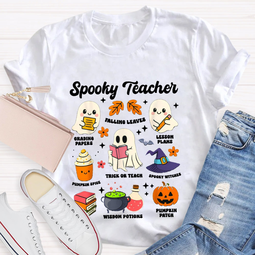 Spooky Teacher Grading Papers Falling Leaves Lesson Plans T-shirt