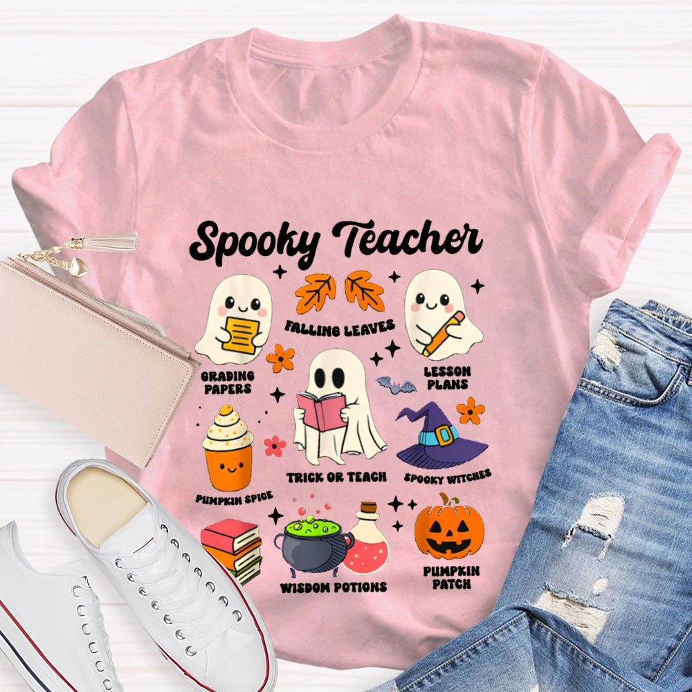 Spooky Teacher Grading Papers Falling Leaves Lesson Plans T-shirt