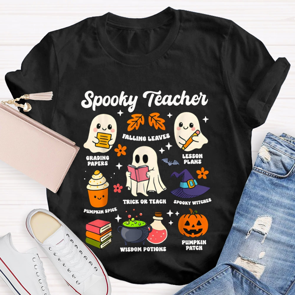 Spooky Teacher Grading Papers Falling Leaves Lesson Plans T-shirt