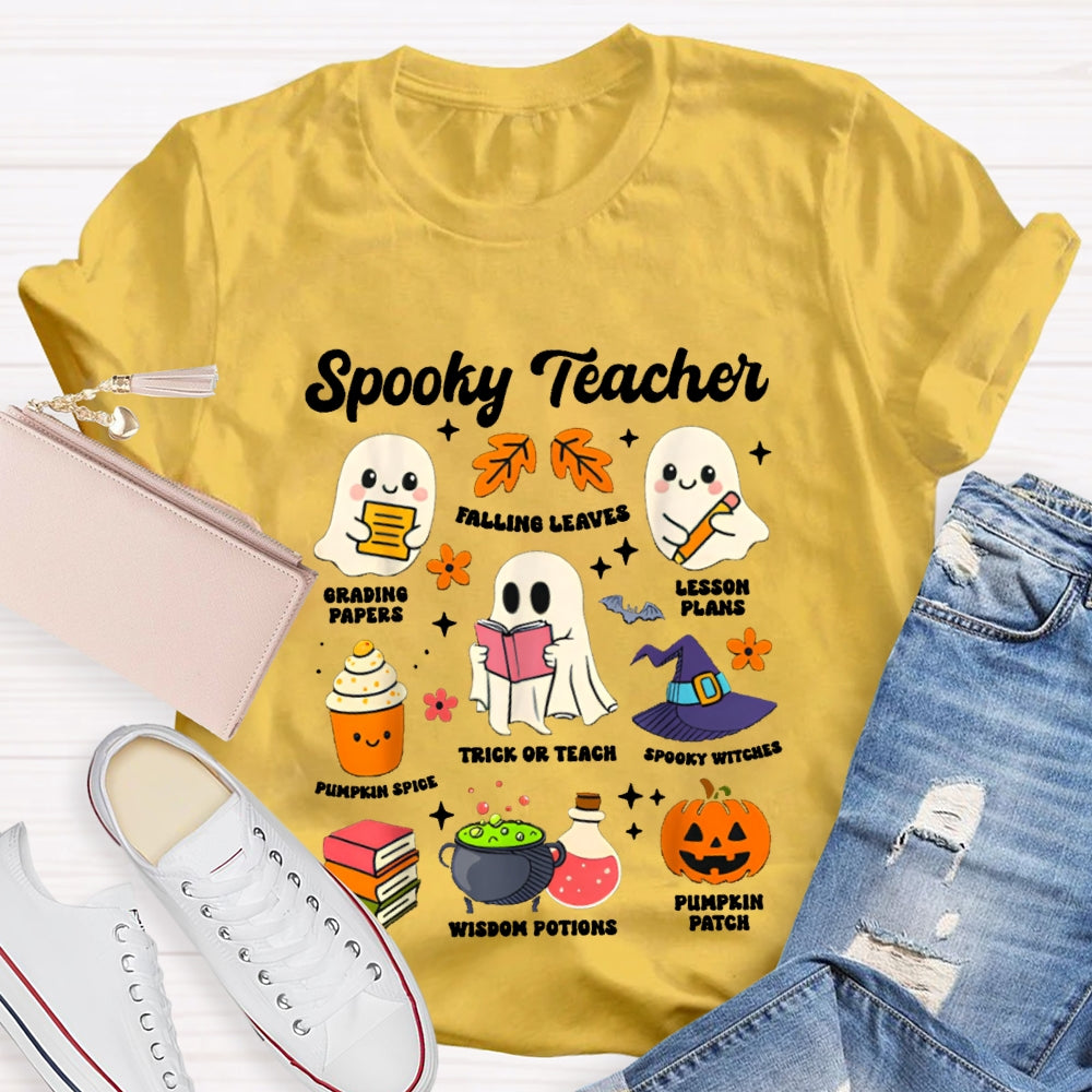 Spooky Teacher Grading Papers Falling Leaves Lesson Plans T-shirt