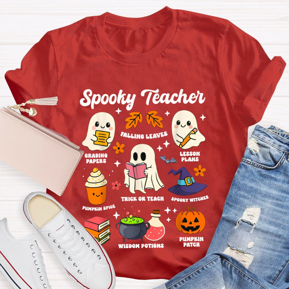 Spooky Teacher Grading Papers Falling Leaves Lesson Plans T-shirt