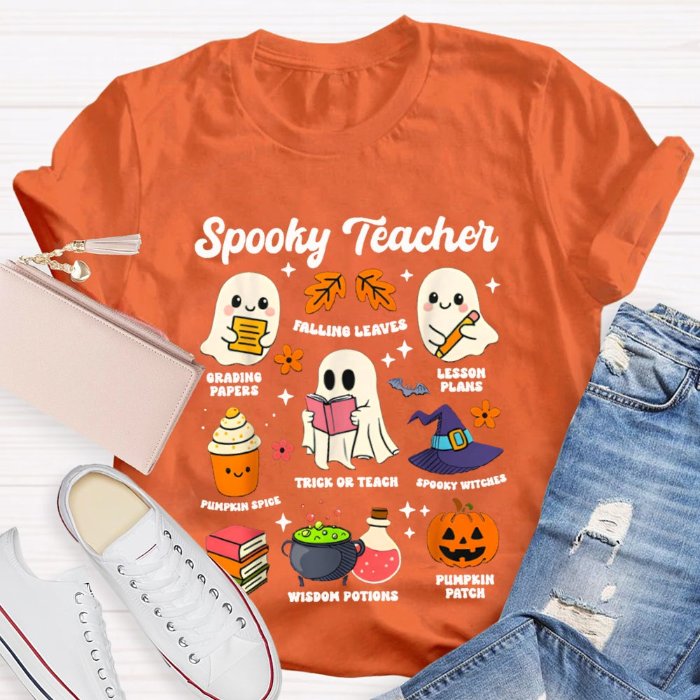 Spooky Teacher Grading Papers Falling Leaves Lesson Plans T-shirt