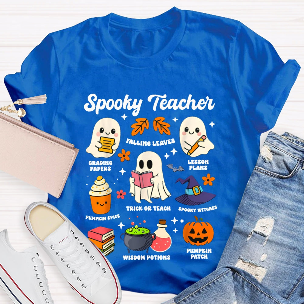 Spooky Teacher Grading Papers Falling Leaves Lesson Plans T-shirt