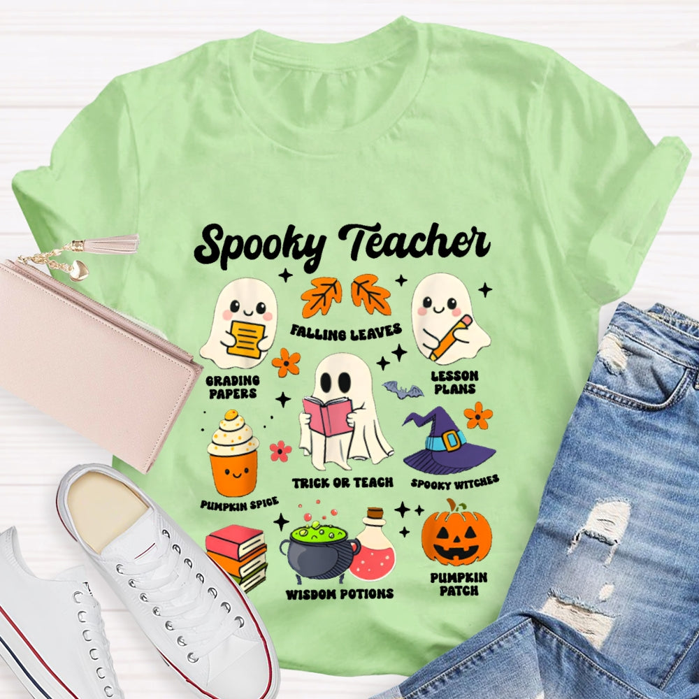 Spooky Teacher Grading Papers Falling Leaves Lesson Plans T-shirt