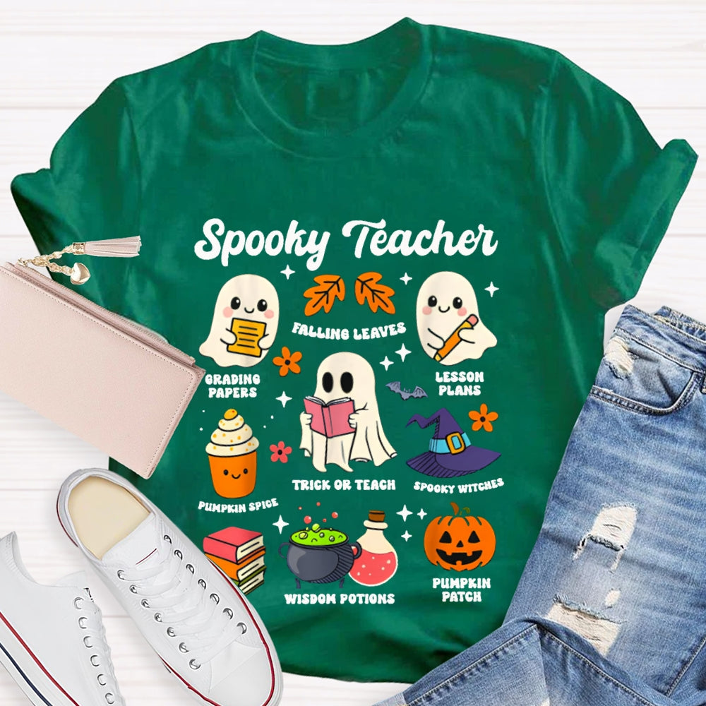 Spooky Teacher Grading Papers Falling Leaves Lesson Plans T-shirt