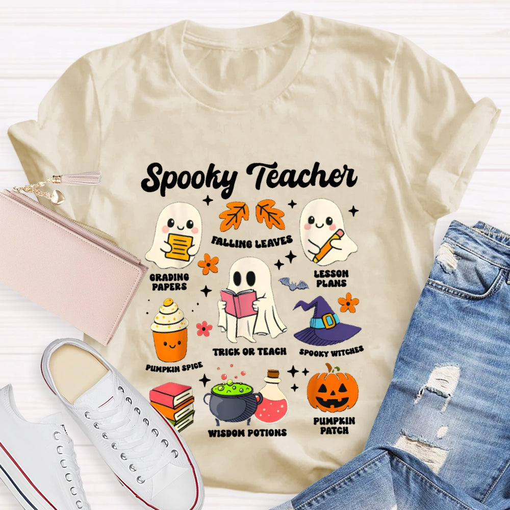 Spooky Teacher Grading Papers Falling Leaves Lesson Plans T-shirt