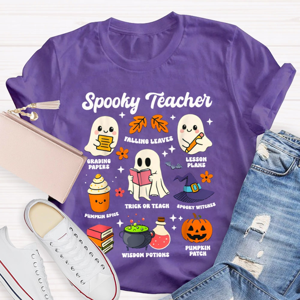 Spooky Teacher Grading Papers Falling Leaves Lesson Plans T-shirt