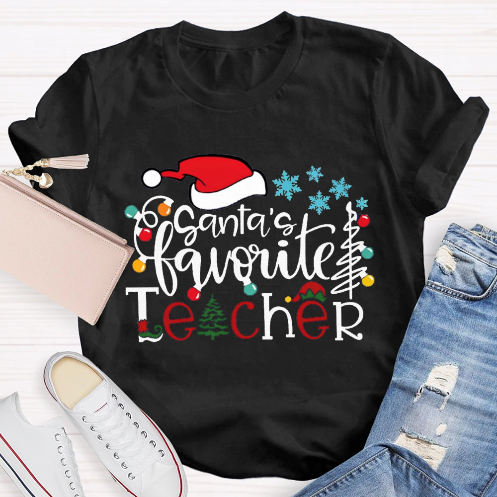 Santa'S Favorite Teacher Santa Hat And Snowflakes Christmas Tree T-shirt