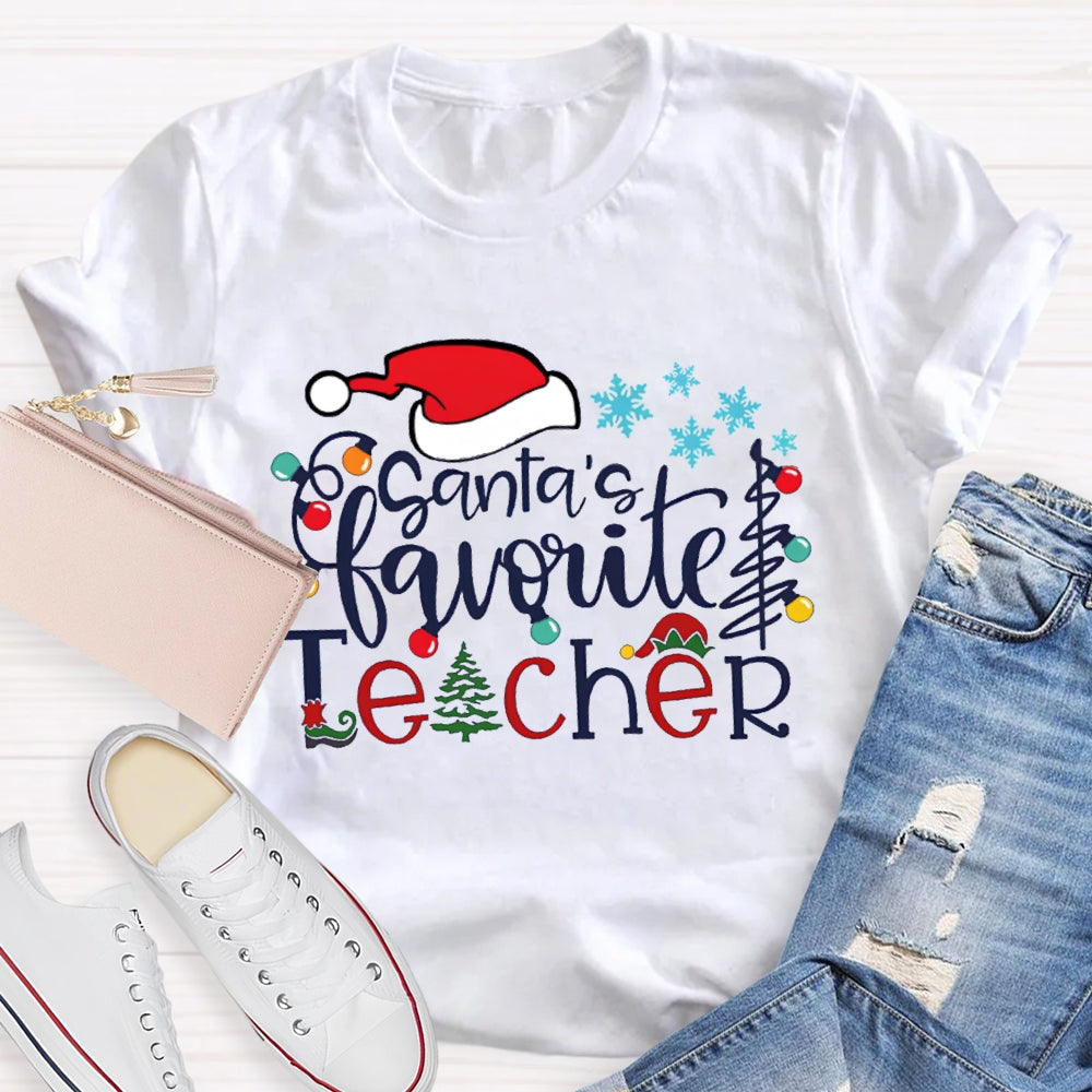 Santa'S Favorite Teacher Santa Hat And Snowflakes Christmas Tree T-shirt