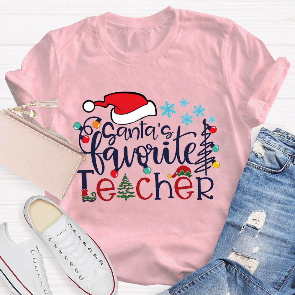 Santa'S Favorite Teacher Santa Hat And Snowflakes Christmas Tree T-shirt