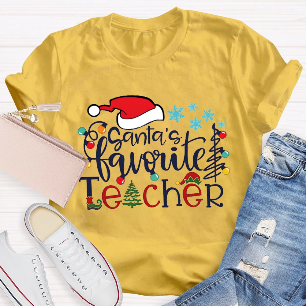 Santa'S Favorite Teacher Santa Hat And Snowflakes Christmas Tree T-shirt