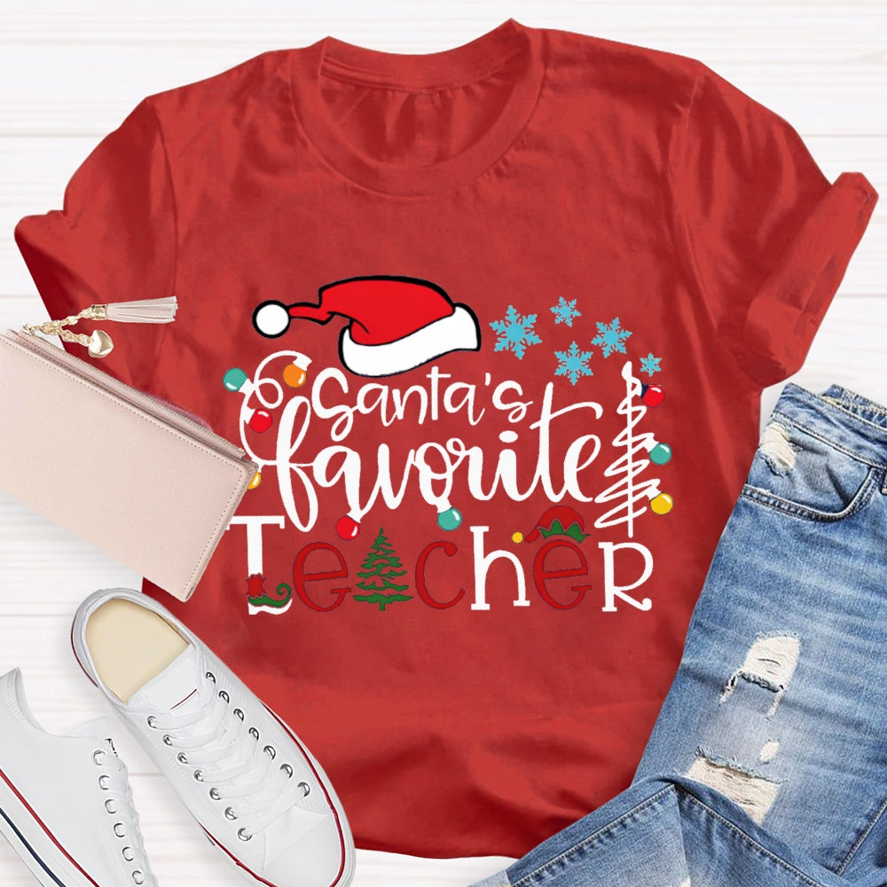 Santa'S Favorite Teacher Santa Hat And Snowflakes Christmas Tree T-shirt