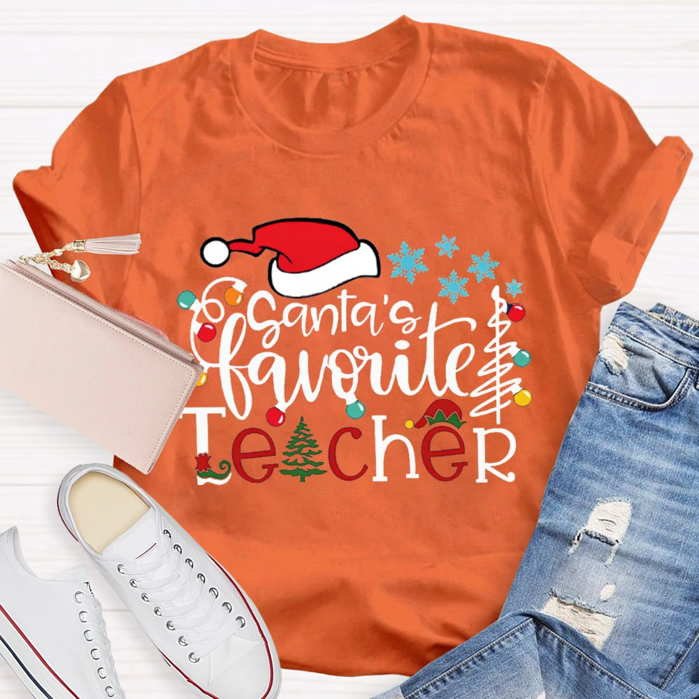 Santa'S Favorite Teacher Santa Hat And Snowflakes Christmas Tree T-shirt