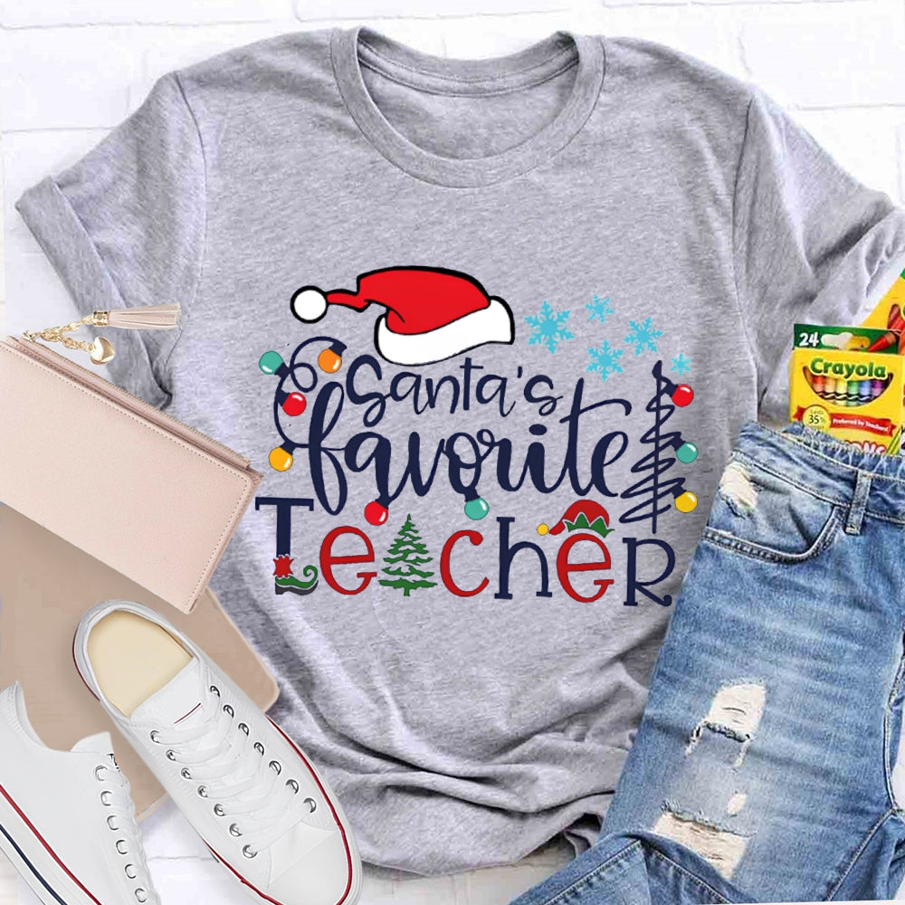Santa'S Favorite Teacher Santa Hat And Snowflakes Christmas Tree T-shirt