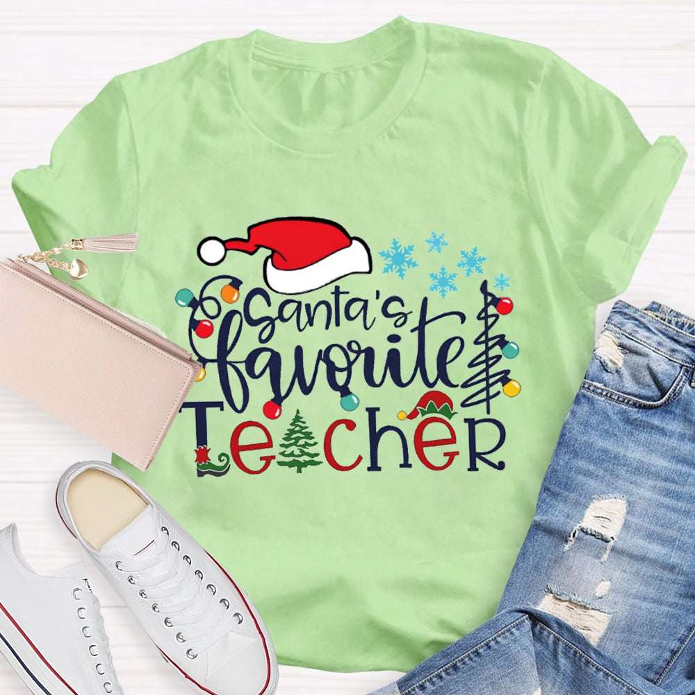 Santa'S Favorite Teacher Santa Hat And Snowflakes Christmas Tree T-shirt