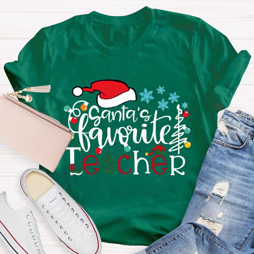 Santa'S Favorite Teacher Santa Hat And Snowflakes Christmas Tree T-shirt