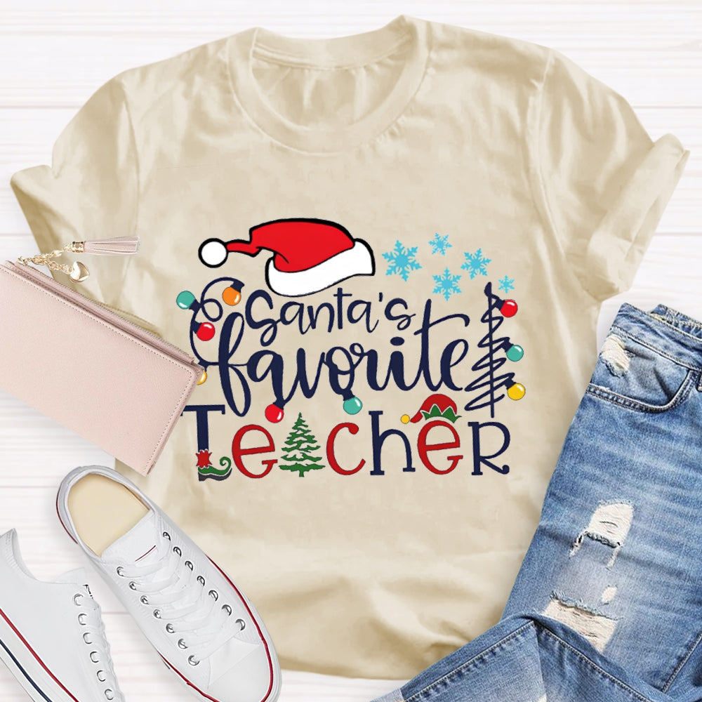 Santa'S Favorite Teacher Santa Hat And Snowflakes Christmas Tree T-shirt