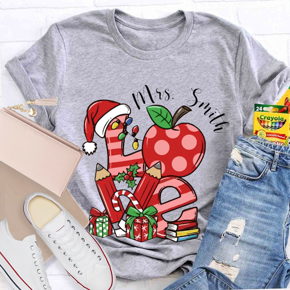 Personalized Name Love Santa Hat And Apple Christmas T-shirt