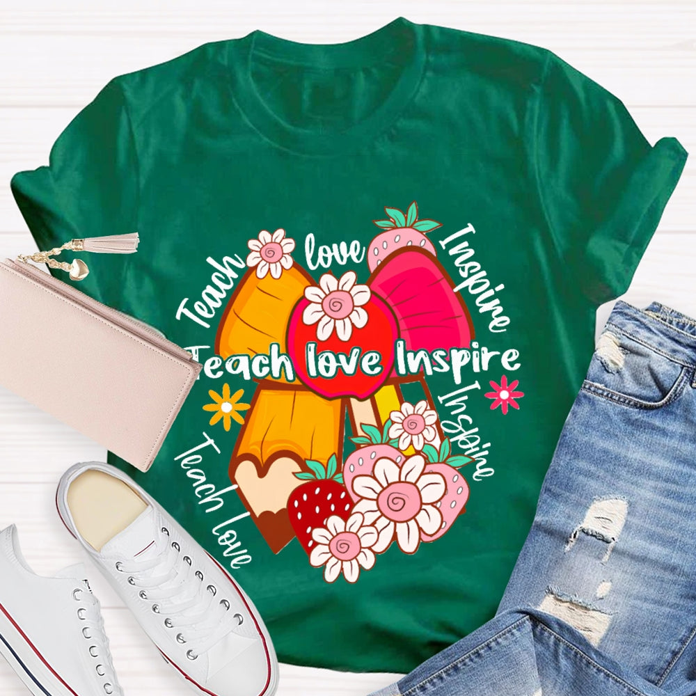 Teach Love Inspire Apple Bow And Small Flowers T-shirt