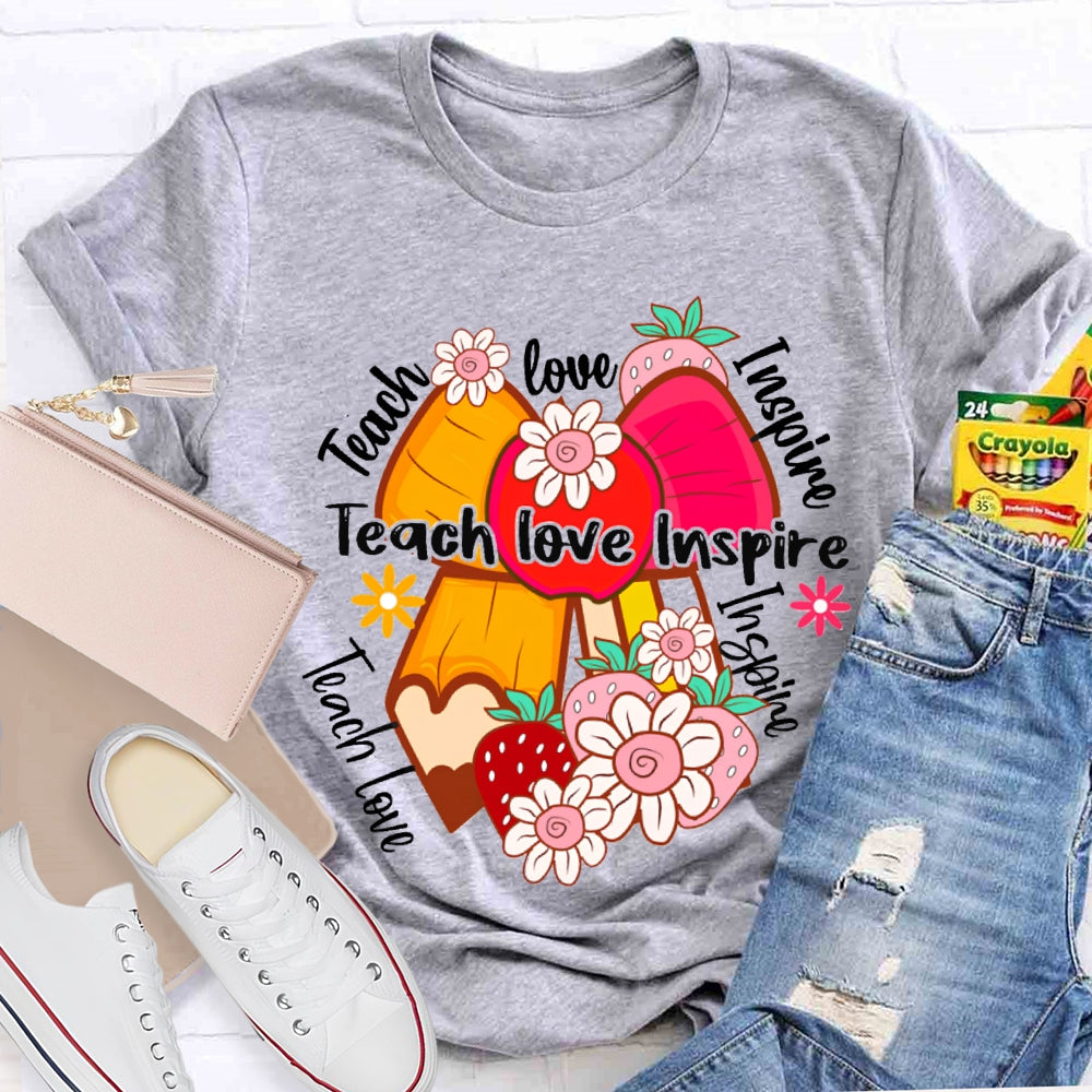 Teach Love Inspire Apple Bow And Small Flowers T-shirt