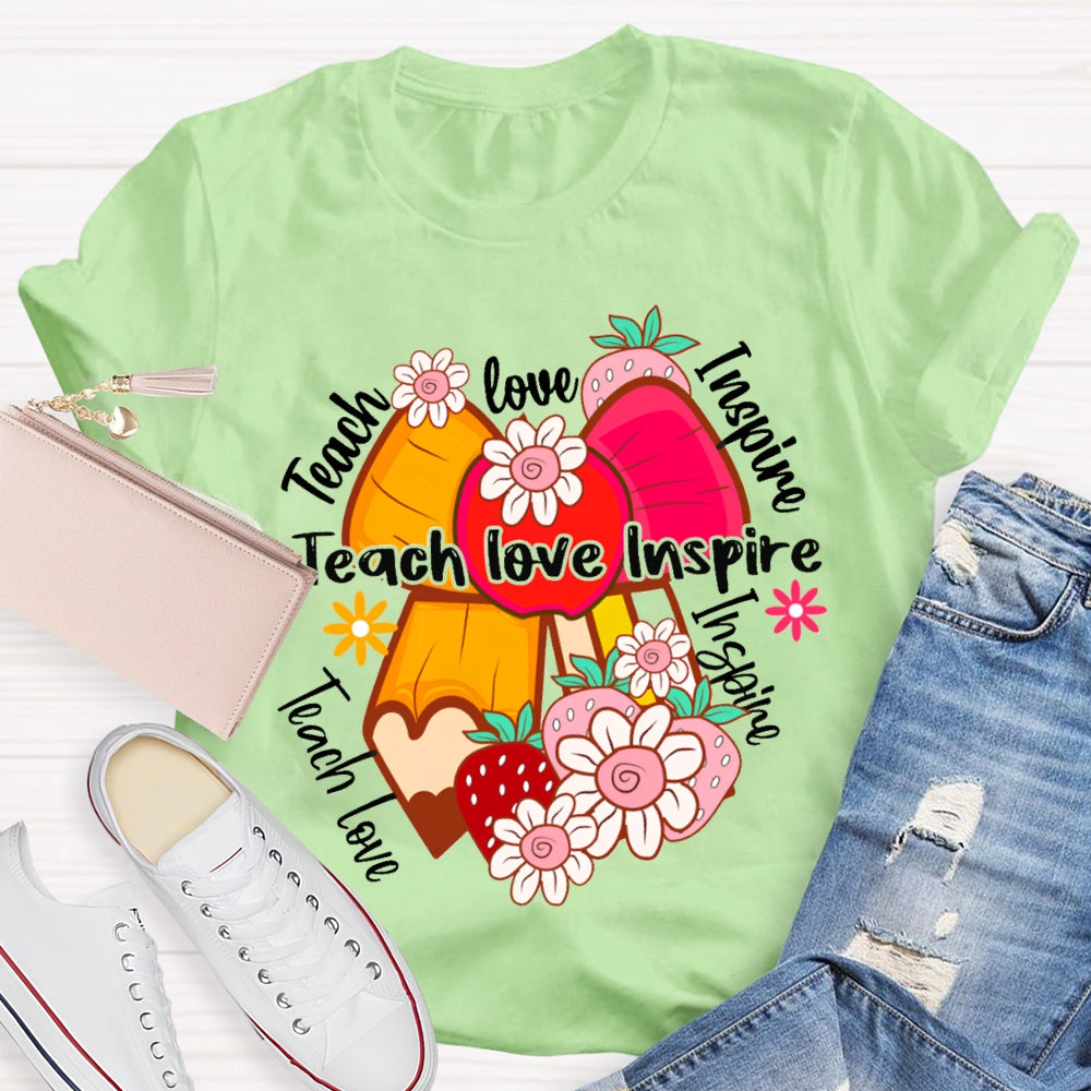 Teach Love Inspire Apple Bow And Small Flowers T-shirt