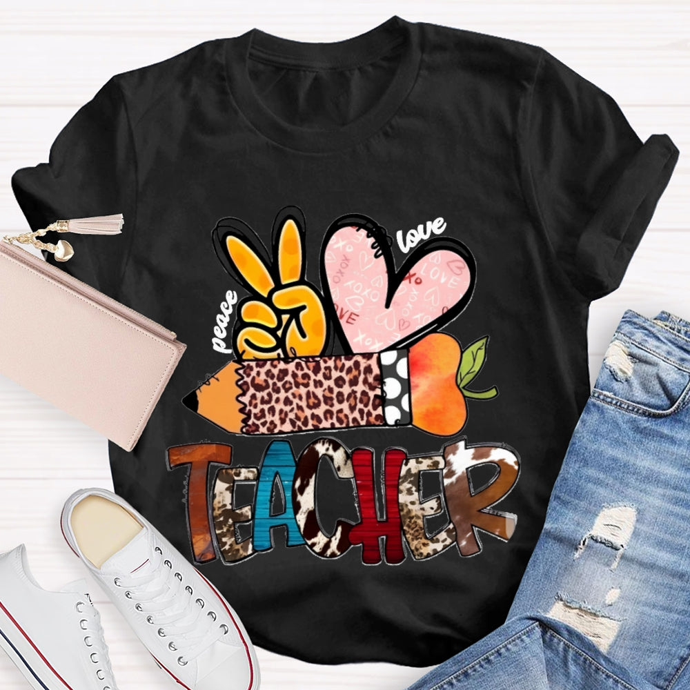 Peace Love Teacher Leopard Print Pencil T-shirt