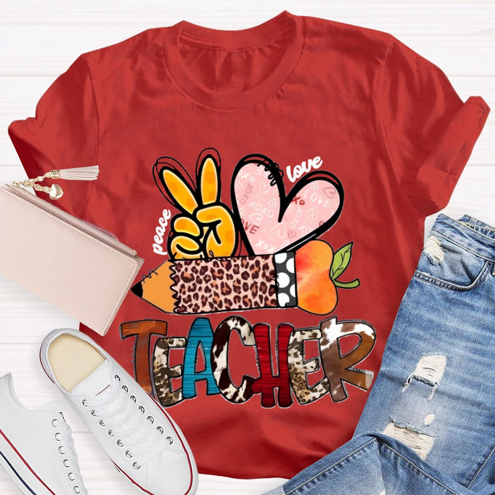 Peace Love Teacher Leopard Print Pencil T-shirt