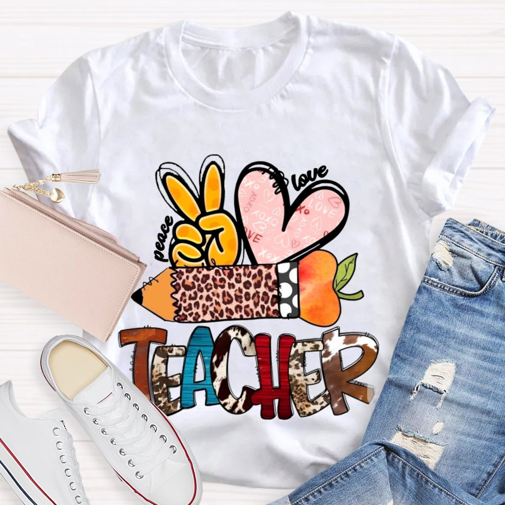 Peace Love Teacher Leopard Print Pencil T-shirt
