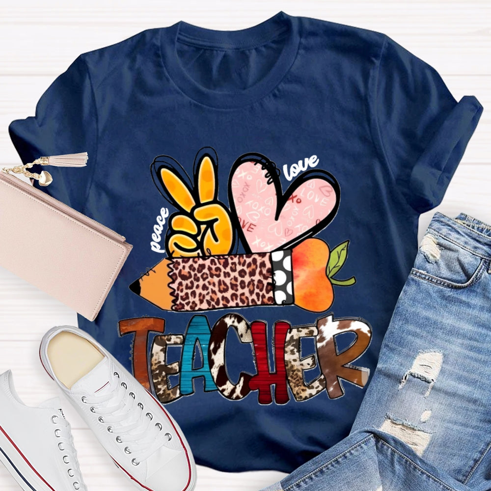 Peace Love Teacher Leopard Print Pencil T-shirt