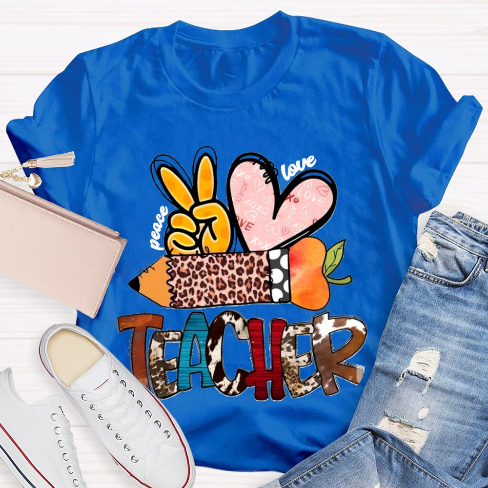 Peace Love Teacher Leopard Print Pencil T-shirt