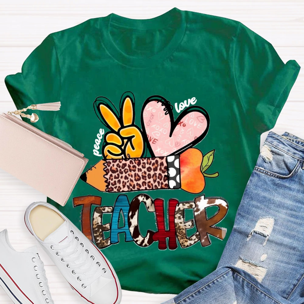 Peace Love Teacher Leopard Print Pencil T-shirt