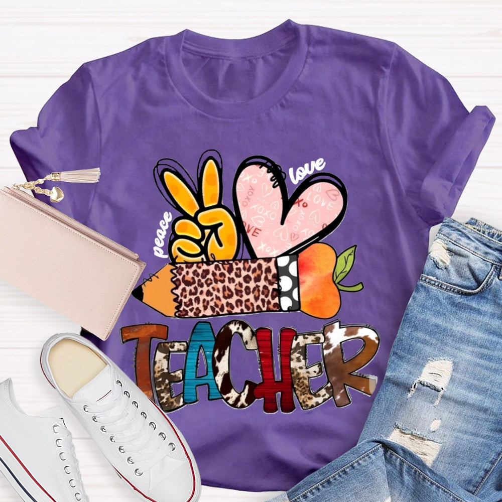 Peace Love Teacher Leopard Print Pencil T-shirt