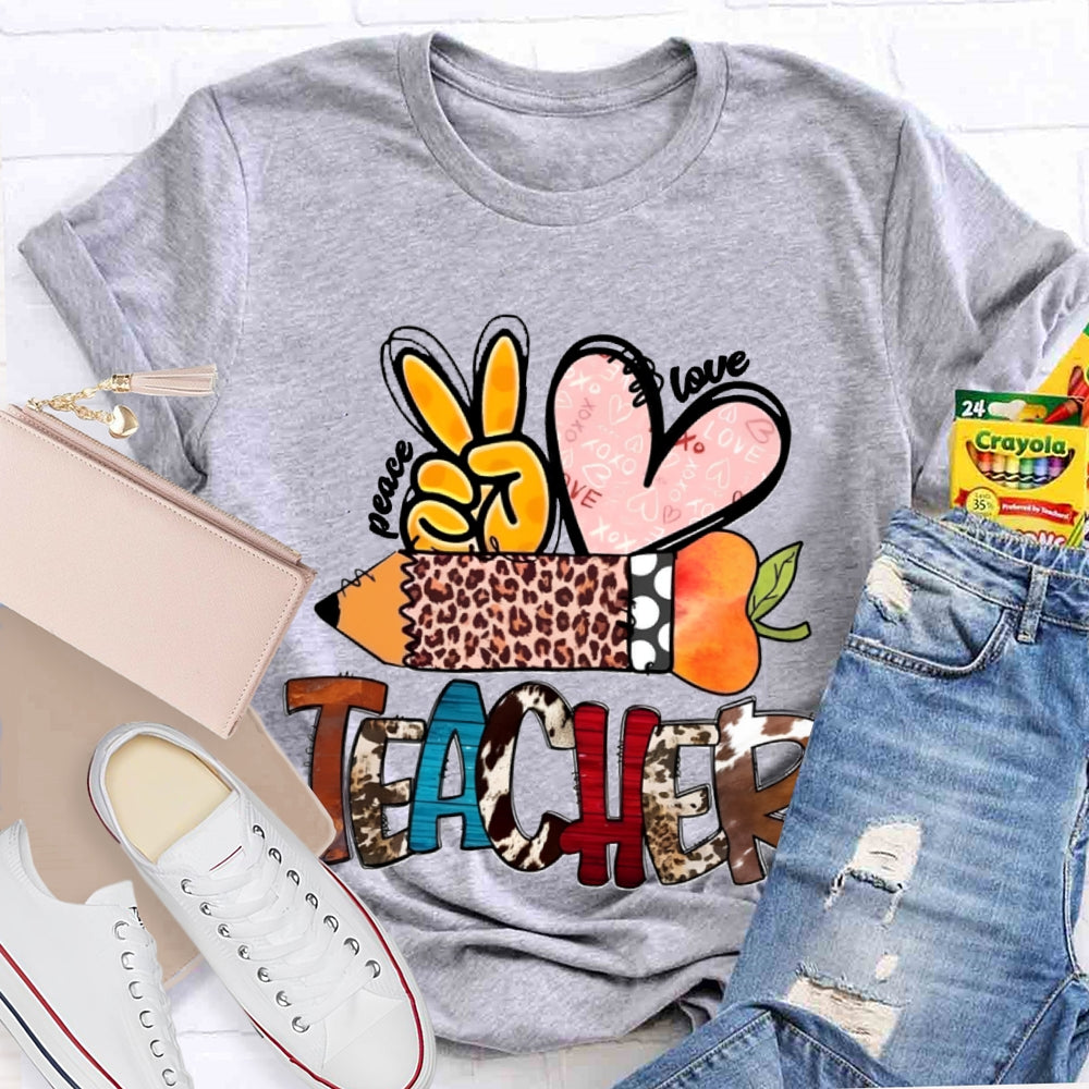 Peace Love Teacher Leopard Print Pencil T-shirt