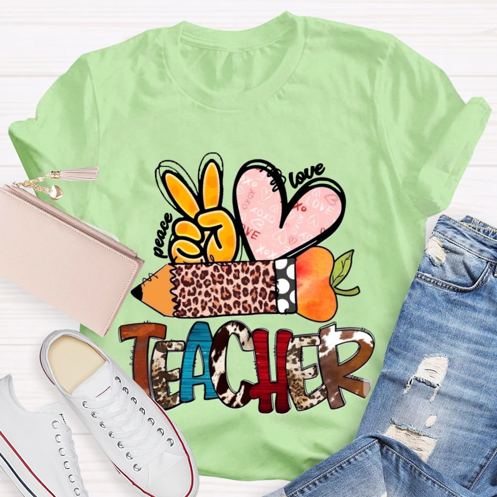 Peace Love Teacher Leopard Print Pencil T-shirt