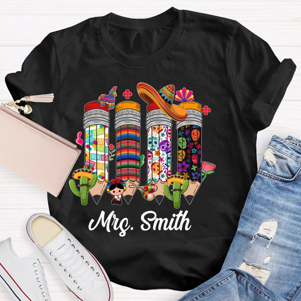 Personalized Name Bilingual Teacher Pencil T-shirt