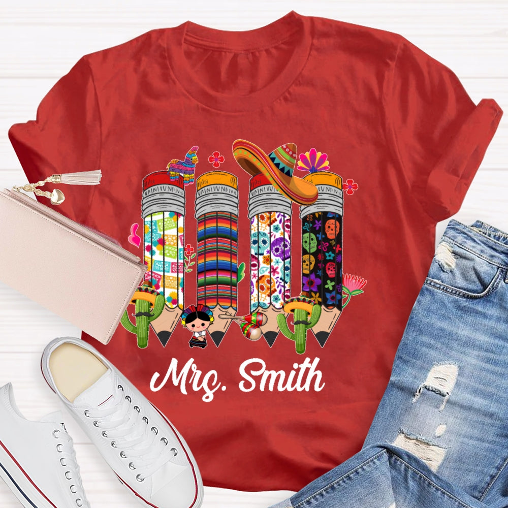 Personalized Name Bilingual Teacher Pencil T-shirt